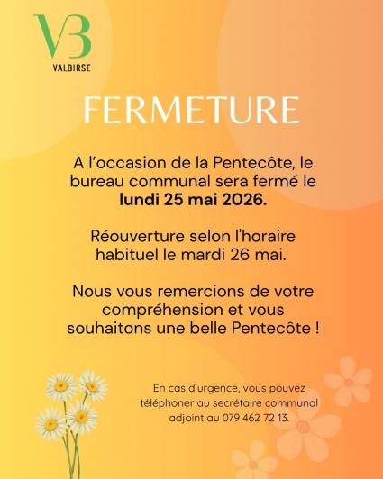Pentecôte - Fermeture de l'administration